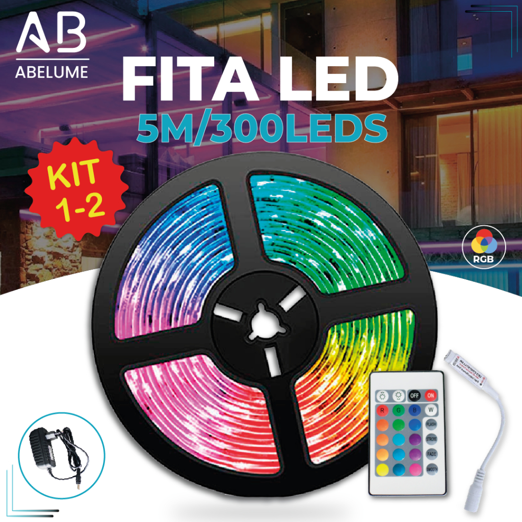 Fita LED 3528 SUPER LED ULTRA RGB 5M 12V 300 LEDS | 16 CORES IP20 Pronta Entrega Com ou Sem Fonte em Oferta na Shopee