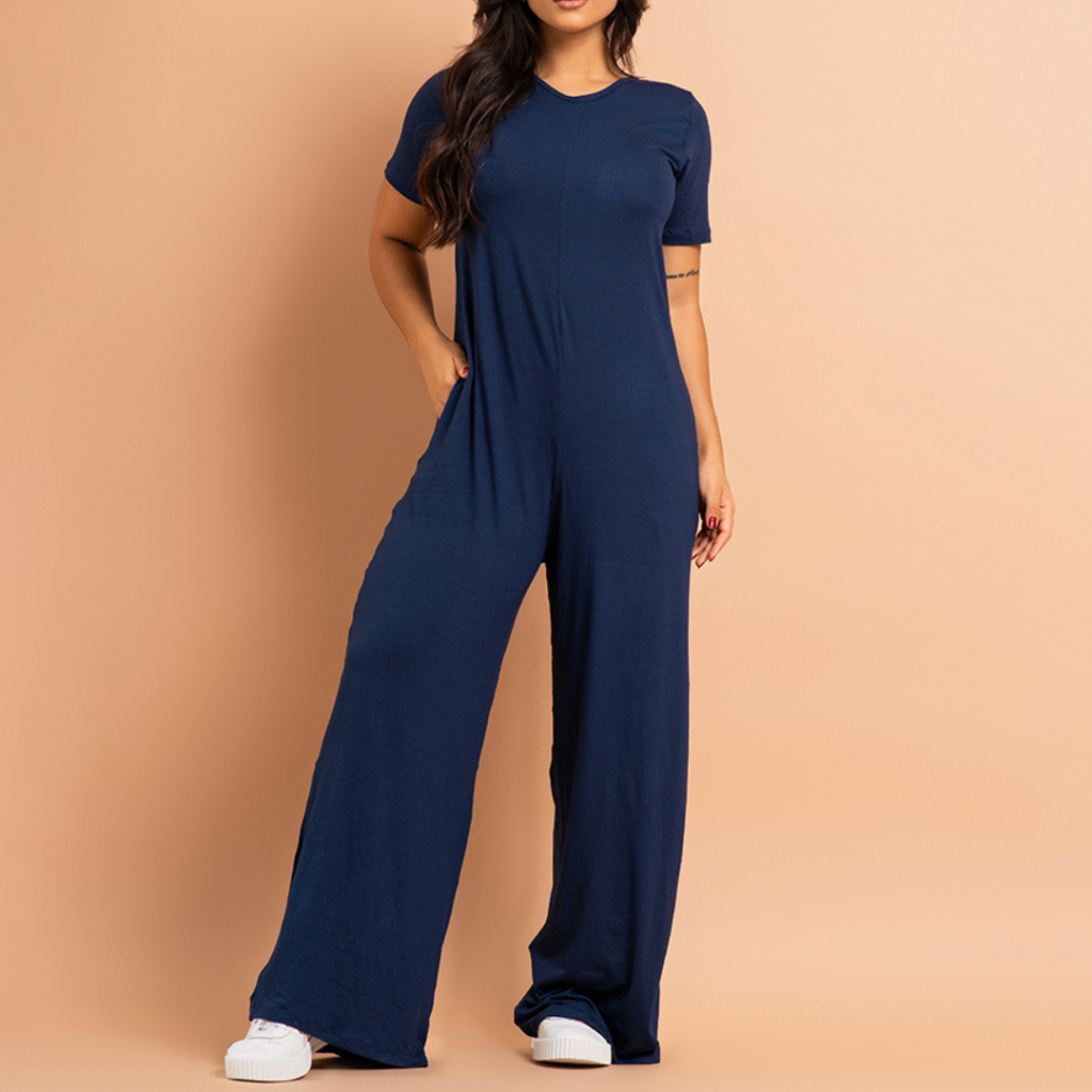 Vivah Macacão Feminino Pantalona Longo Liso Manga Curta Viscolycra