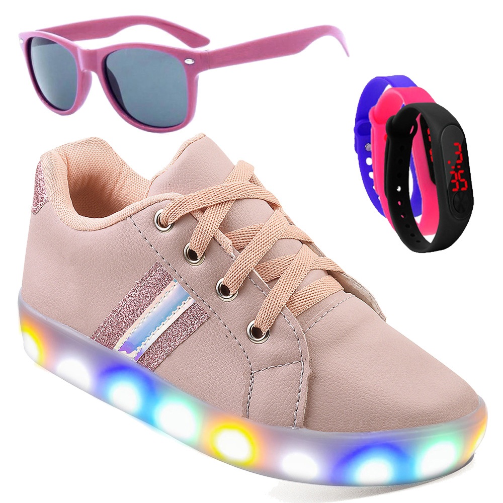 Kit Tenis De Led Rosê Feminino Para Crianças Moda Casual Infantil Original + Relógio e Óculos Barato Com Luzinha Macio Leve E Confortável