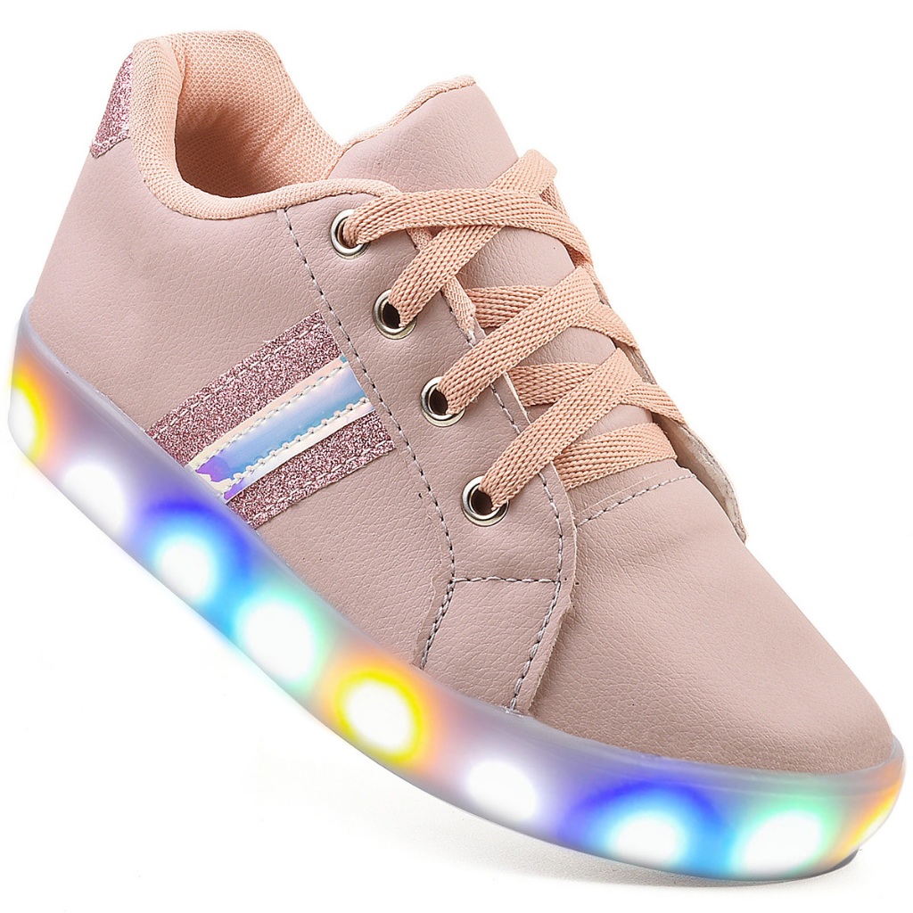Tenis Rosê De Led Feminino Para Crianças Moda Casual Infantil Original Barato Com Luzinha Macio Leve E Confortável