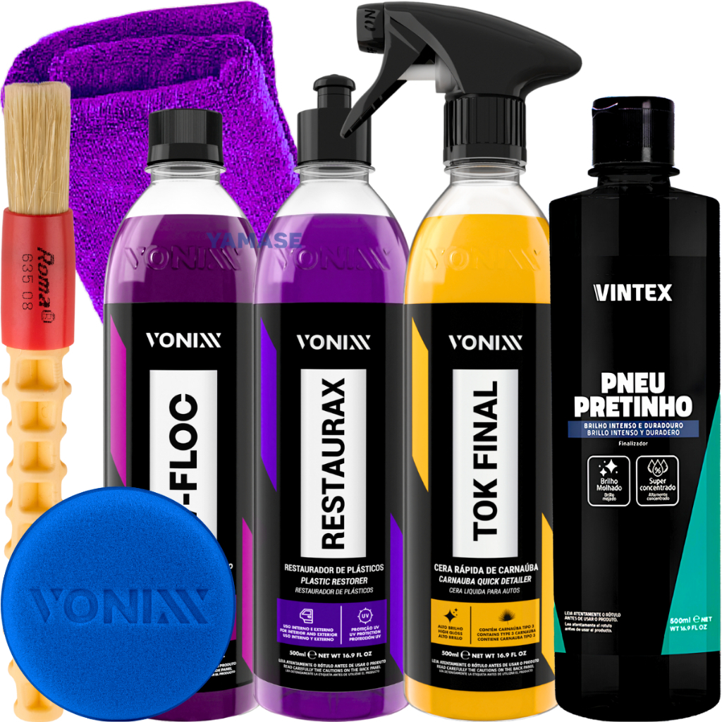 Kit Shampoo V-Floc Cera Tok Final Pneu Pretinho Restaurax  Aplicador Vonixx + Pano+Pincel