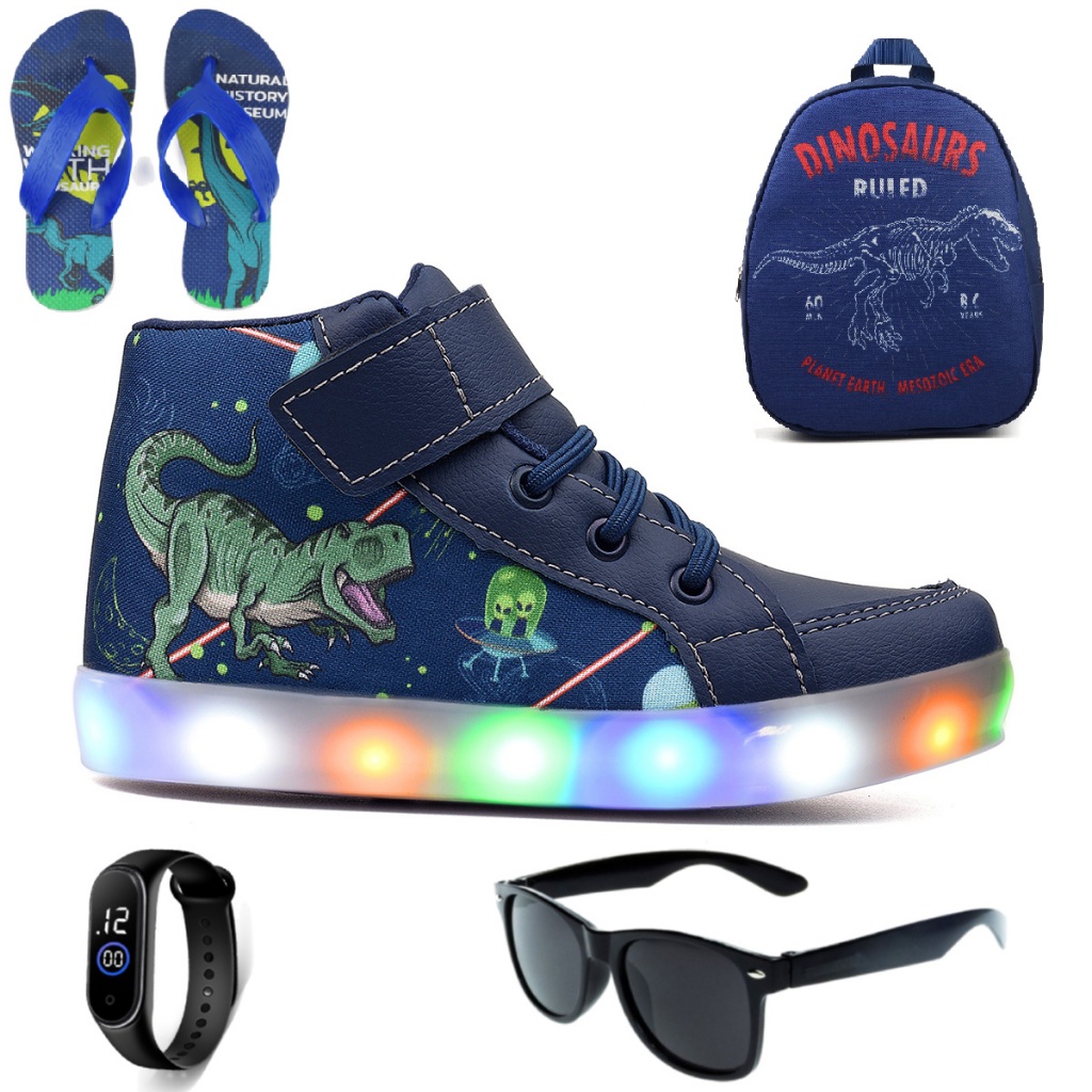 Tenis Botinha Masculino Infantil De Led Cano Alto Dinossauro + Mochila + Chinelo + Óculos + Relógio Barato Macio Confortável
