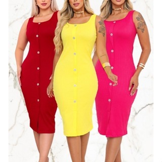 Vestido regata com botões (fake não abre) midi em malha canelada premium zero transparenci...