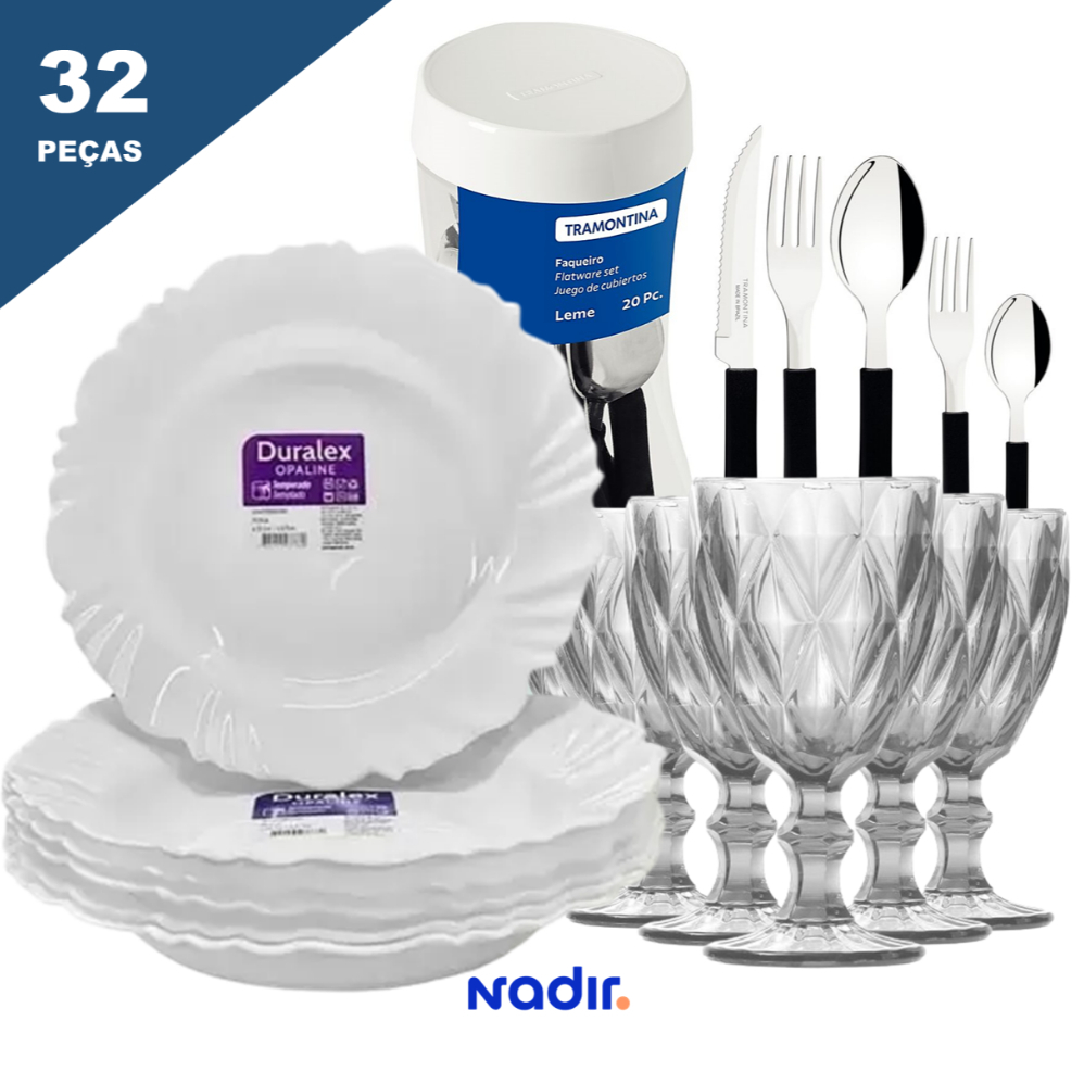 Aparelho de Jantar Jogo de Pratos e Taças de Vidro com Jogo de Talheres Tramontina 32 Peça...