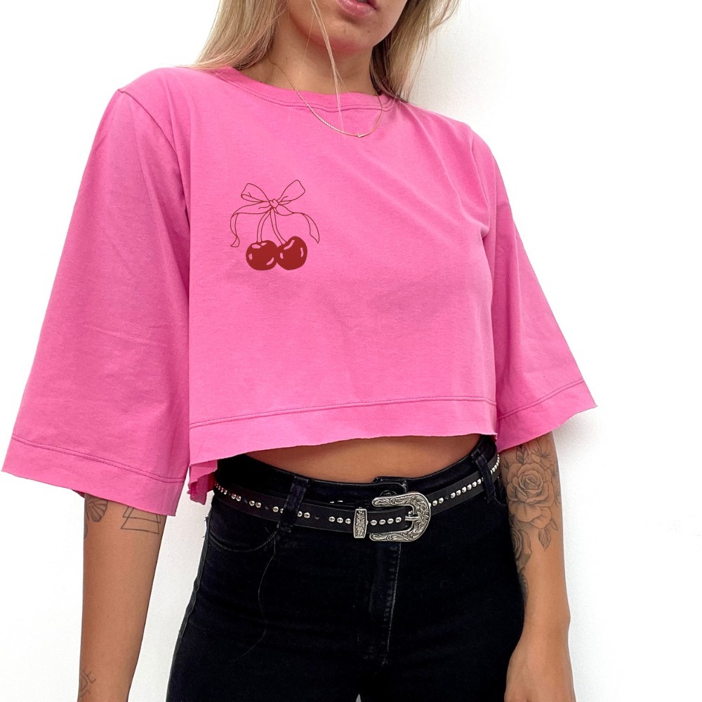Blusinha Curta Cropped Algodão T-shirt Blogueirinha Com Estampa Cereja Com Laço Cherry