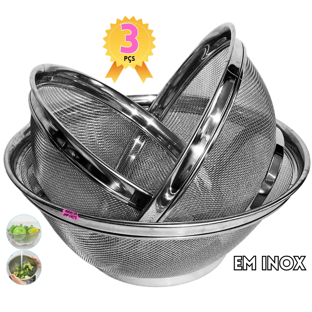 Kit com 3 Escorredor de Inox Aço Multiuso Tres tamanhos P arroz Salada legume 3 Peças