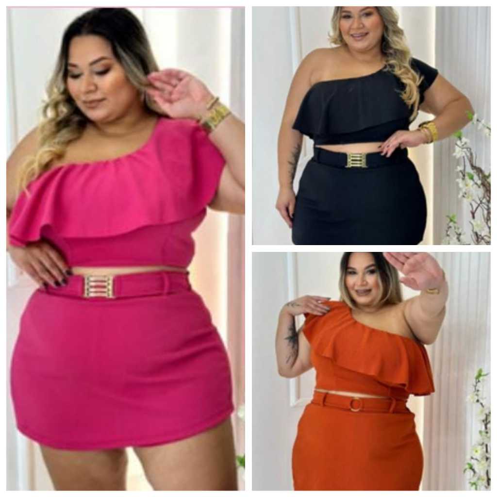 Conjunto plus size Feminino short saia cropped ombro babado all Moda