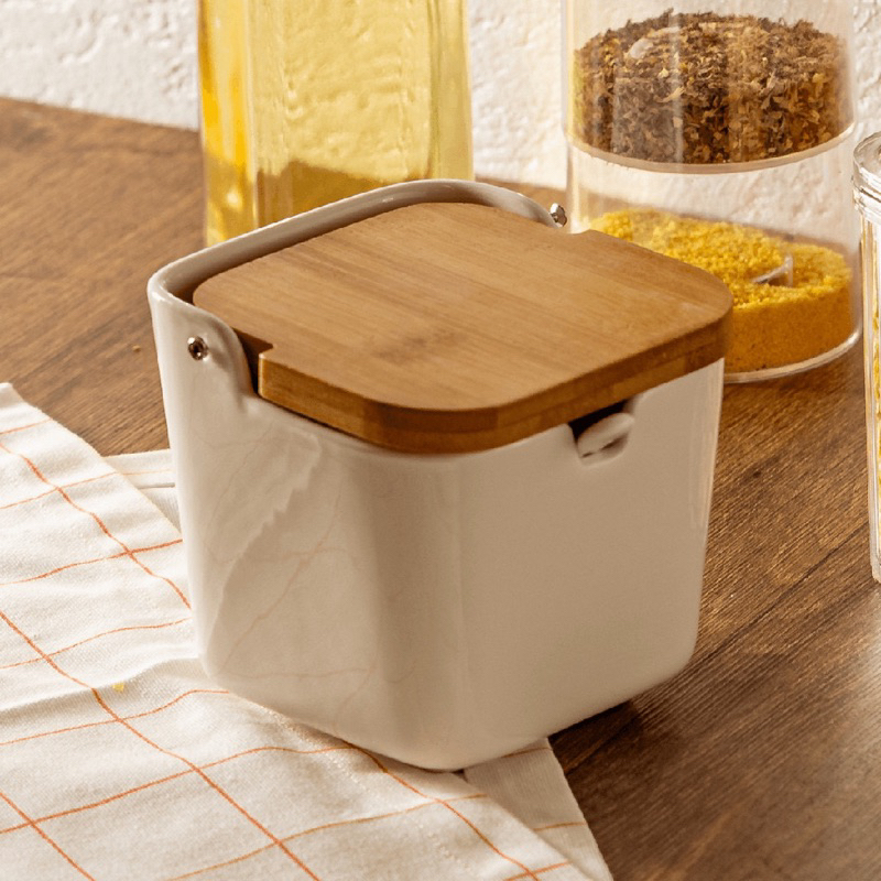 ✅Saleiro 2442 Cerâmica Premium De Mesa Pequeno Colher Tampa Bambu 250gr em Oferta na Shopee