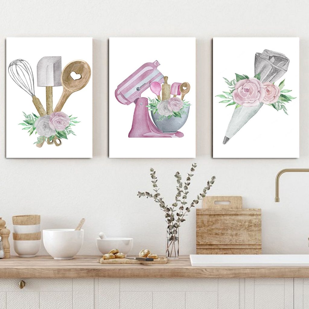 Quadros para cozinha batedeira talheres flores tons rose claro fundo branco confeitaria moderna - kit 3 PLacas 20x30cm em Oferta na Shopee