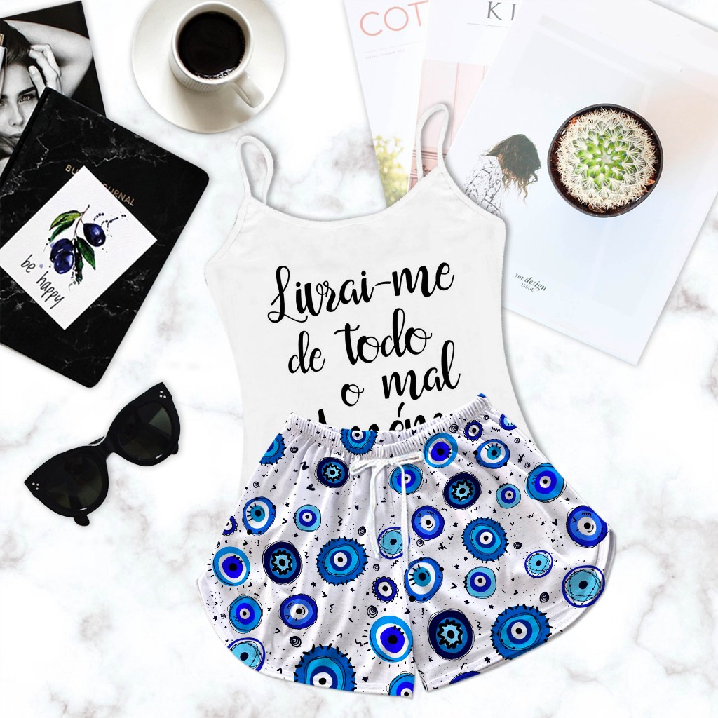 Conjunto Pijama Baby Doll Curto Verão Feminino Estampa Olho Grego Azul em Oferta na Shopee