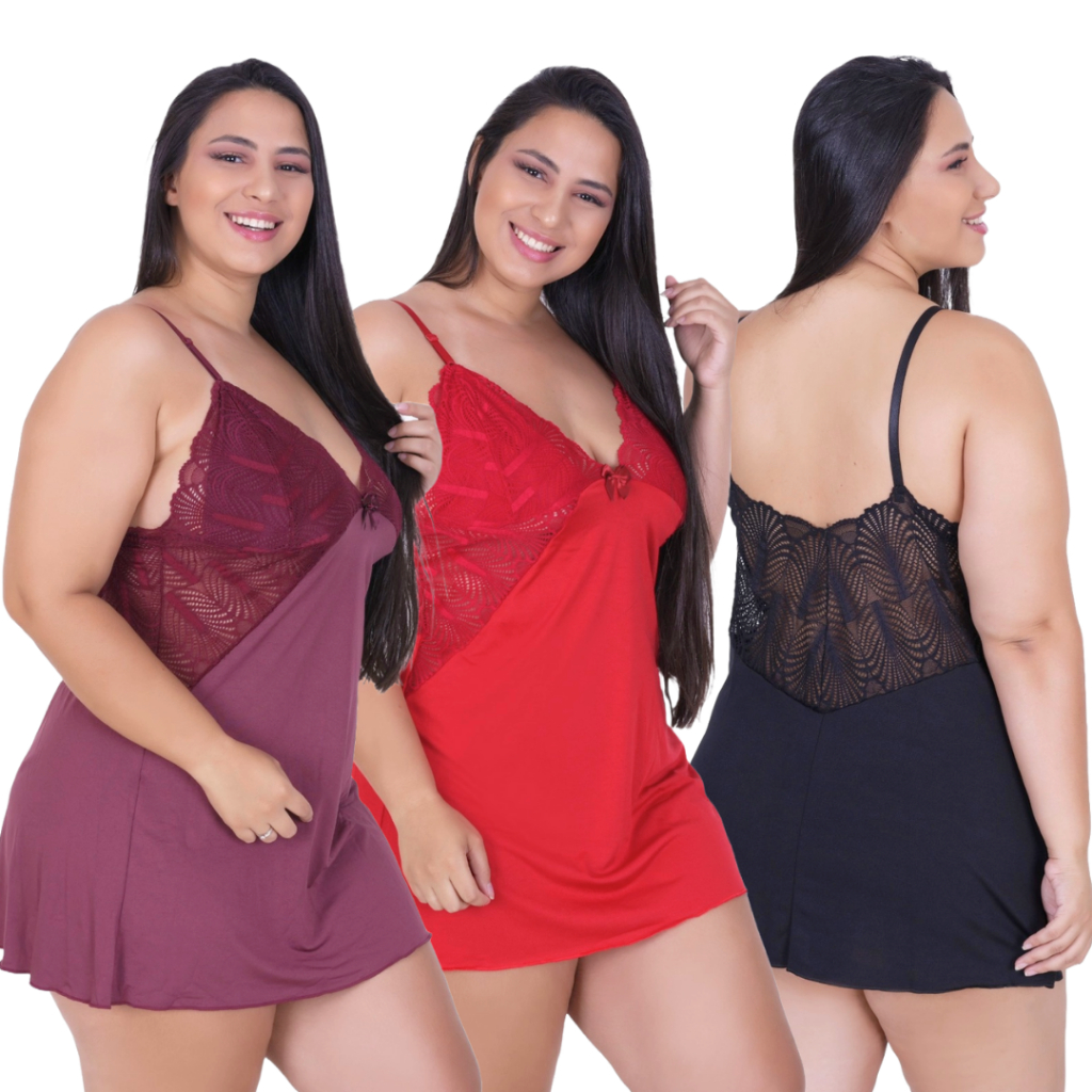 Kit 3 Camisolas Plus Size Sexy Com Renda Sem Bojo Linha Noite Suave e Leve Camisola Curta Sexy