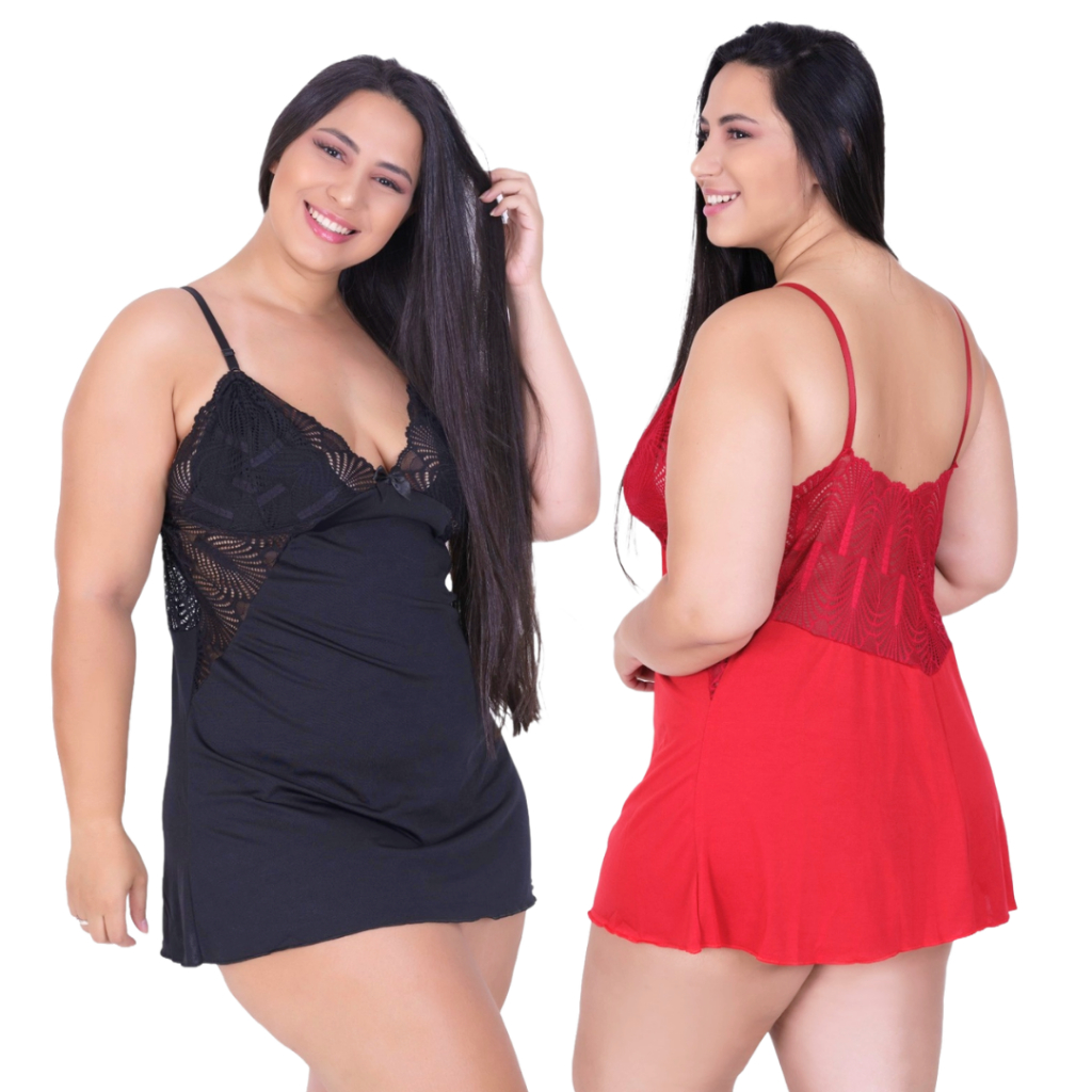 Kit 2 Camisolas Plus Size Sexy Rendada Tecido de Romantic Suave e Leve Camisola Curta Sexy Plus Size