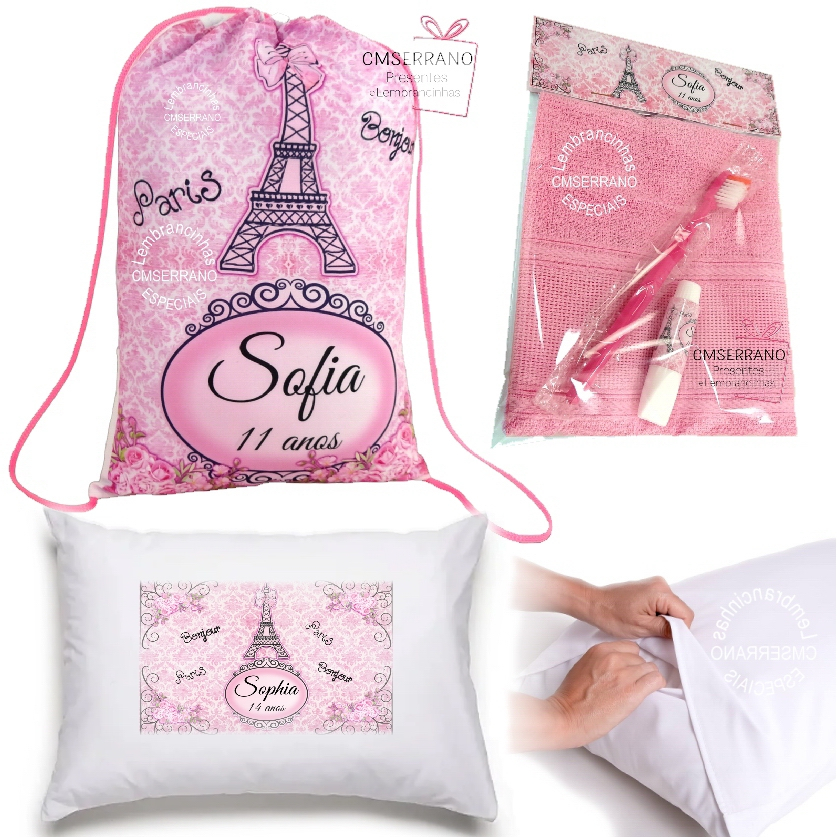 11 Kit Personalizado Festa Pijama Fronha Capa Travesseiro Mochila Tecido Kit Higiene Toalha Escova