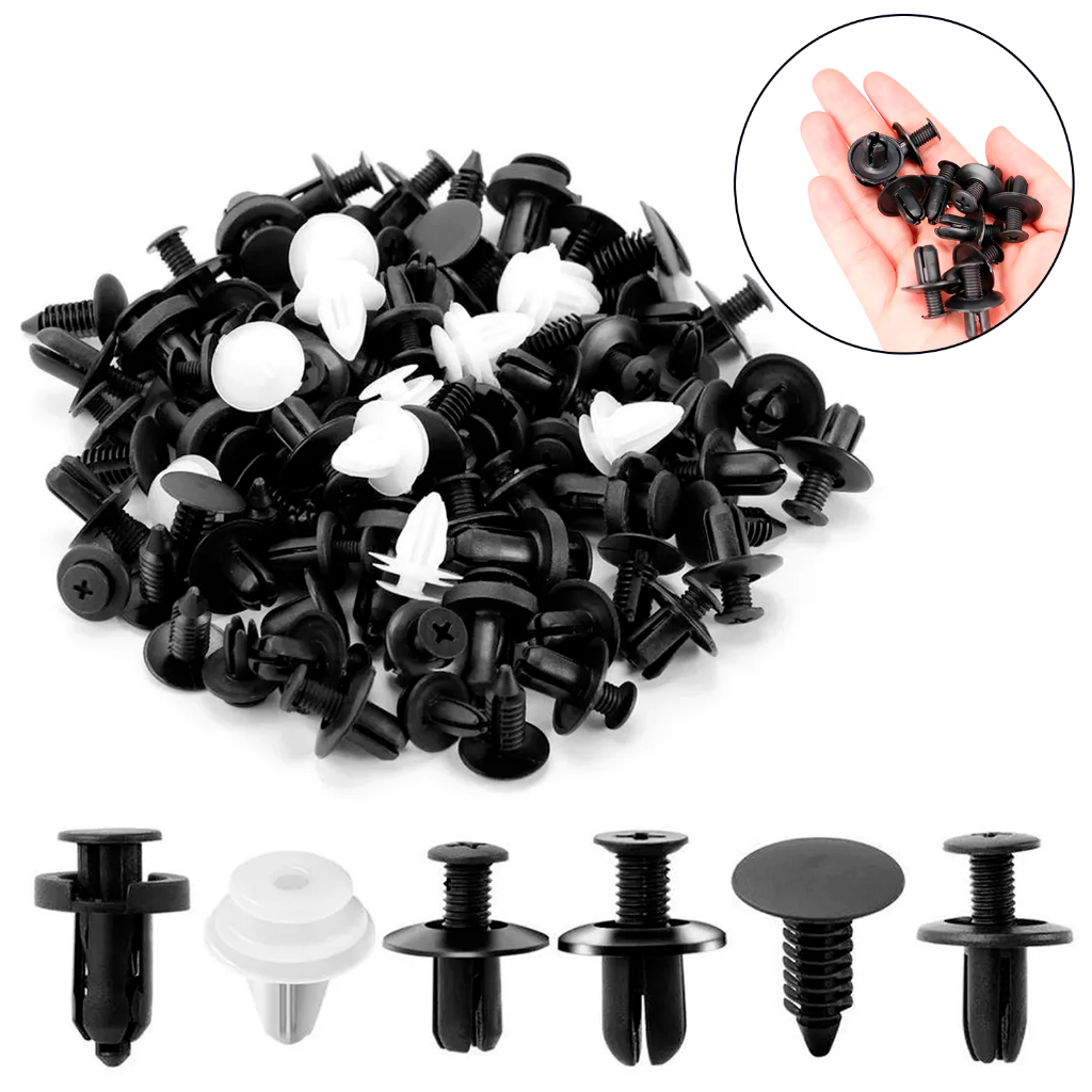Conjunto 100 Presilhas De Fixação Automática Grampo Forração Automotivo Veículo Parabarro Parachoque Carro Universal