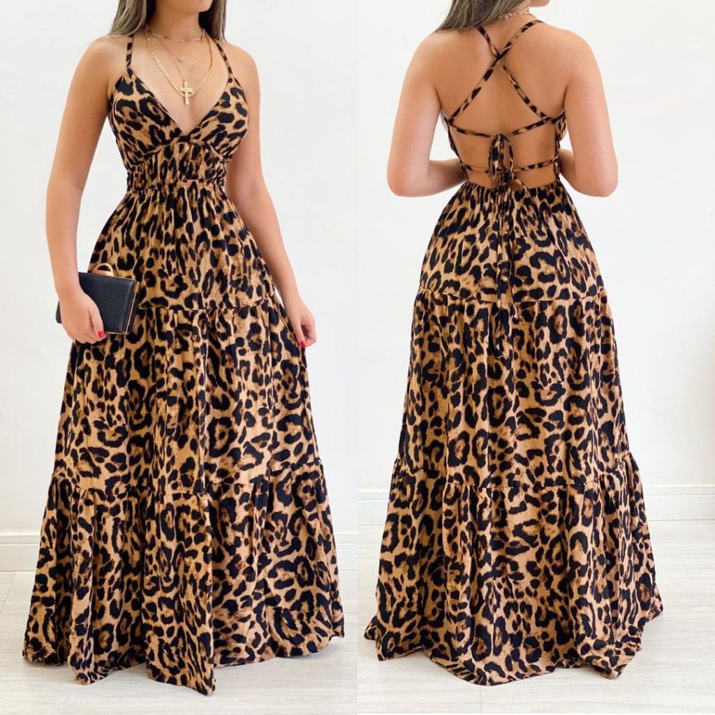 Vestido Longo Costa Nua Frente Única Amarração Elegante Onça em Oferta na Shopee