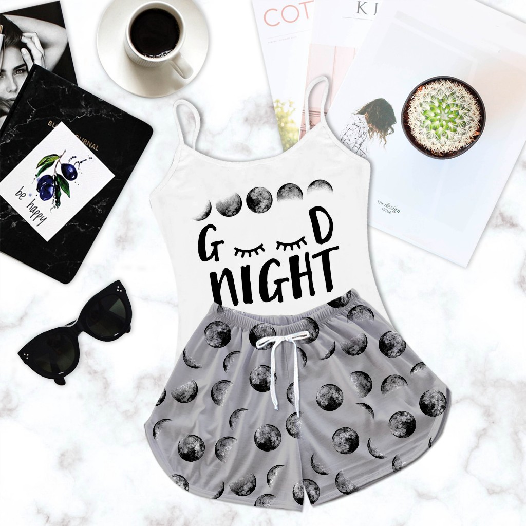 Pijama Baby Doll Alcinha Adulto Fases da Lua Good Night em Oferta na Shopee