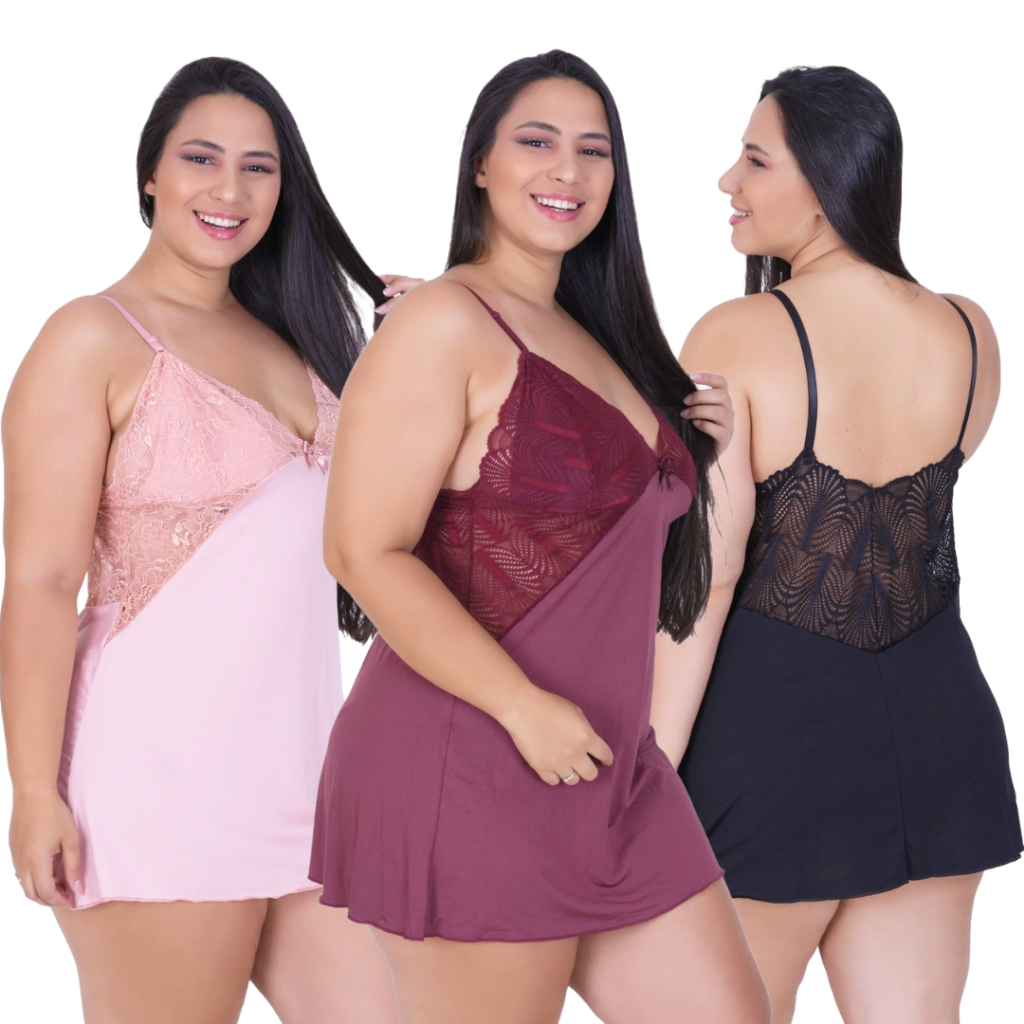 Kit 3 Camisolas Sensuais Sexy Plus Size Tecido de Microfibra Suave com Busto e Costas Rendada em Oferta na Shopee