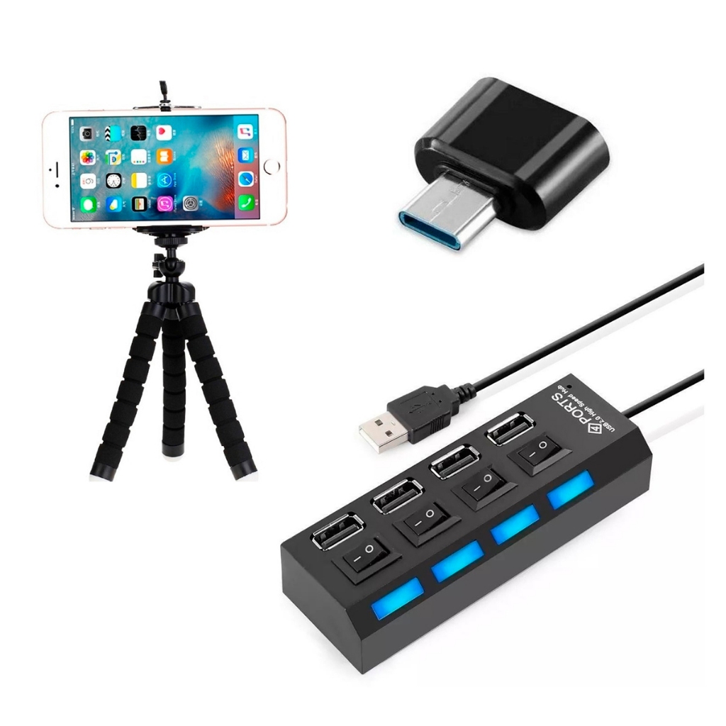 Kit Mobilador Celular Tipo C Gamer Hub Usb 4 Portas + Otg C + Tripé Flexível Smartphone Mobile