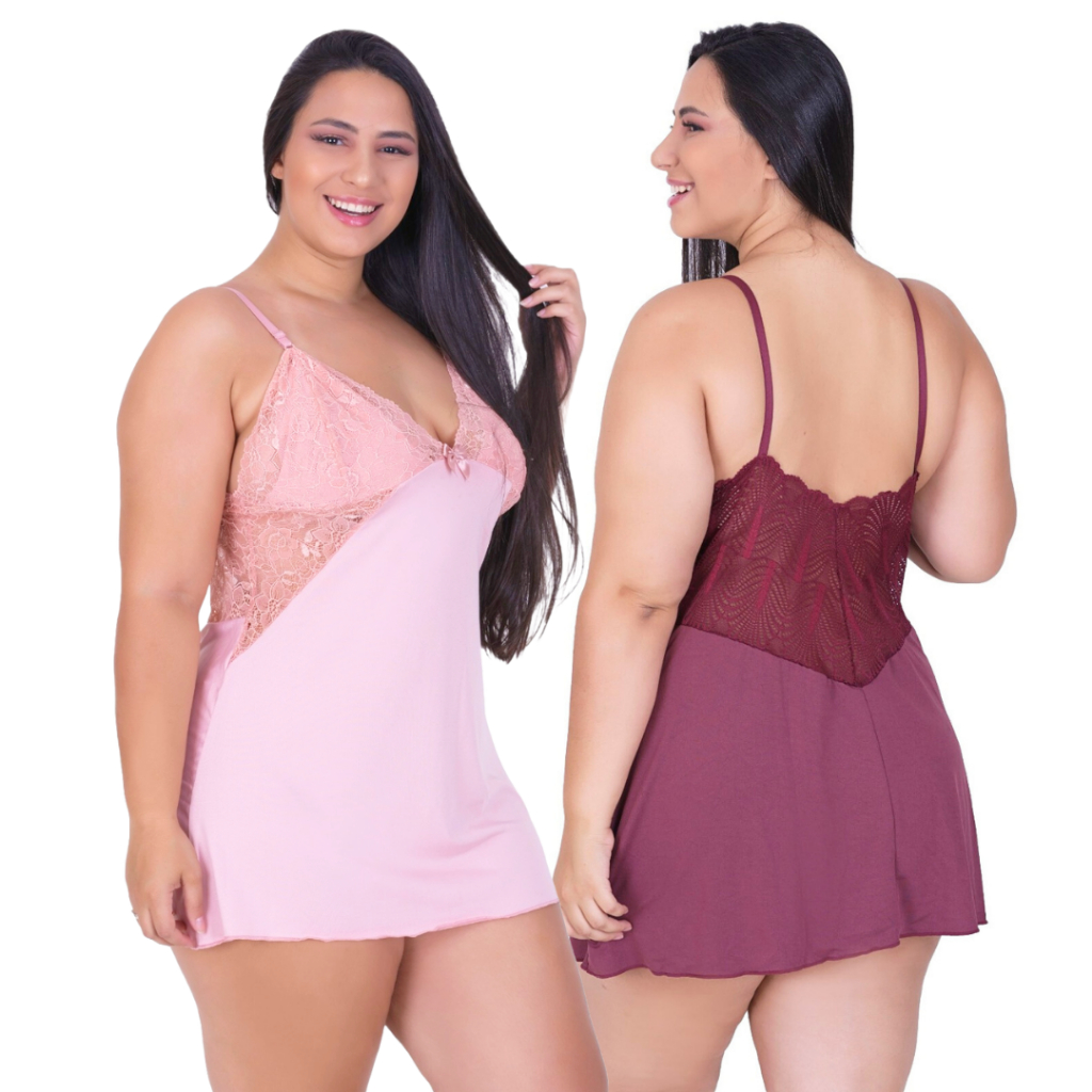 Kit 2 Camisolas Plus Size Feminina Sexy Camisola Pijama Sensual com Renda Plus Size 50 ao 54