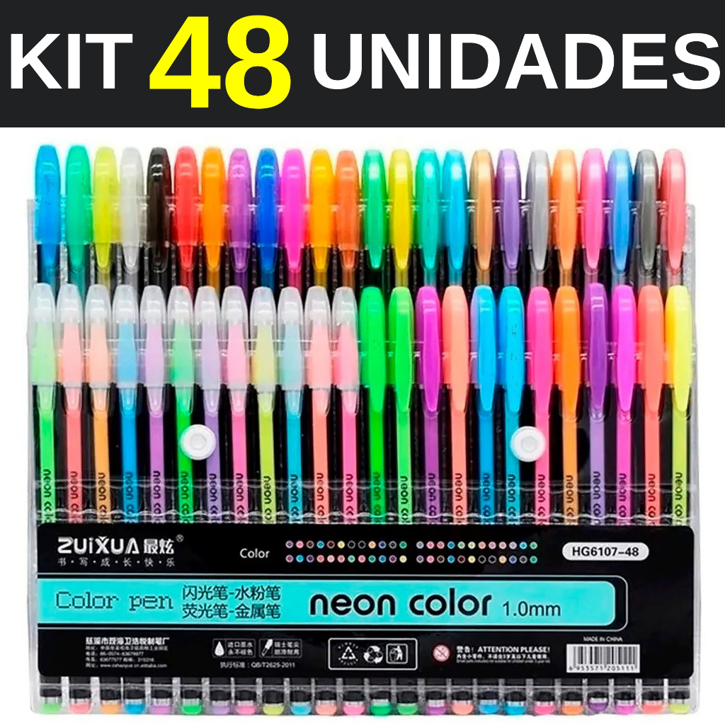 Kit de 48 Canetas Gel Color ColorGel Ink Glitter Pastel Neon Metálico Escolar-Promoção em Oferta na Shopee