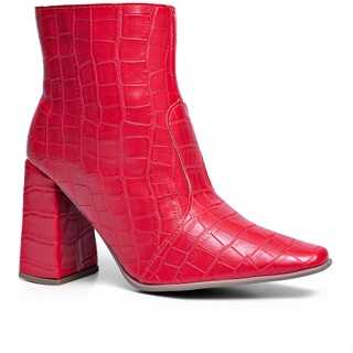 Bota Feminina Lumiss Croco Bico Fino Confortável Salto Alto Grosso Cano Curto Com Zíper Blogueira Comfort Macia Vermelho em Oferta na Shopee