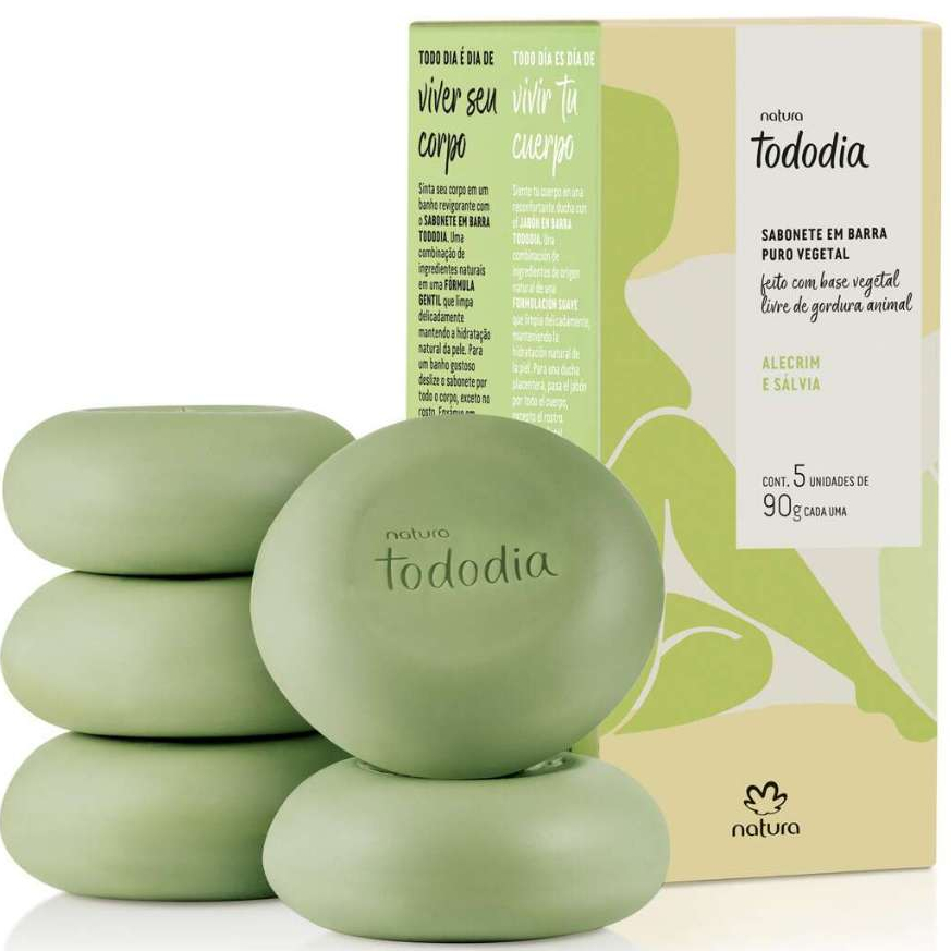 Sabonetes em Barra Puro Vegetal Natura Tododia Caixa Com 5 Unidades Alecrim Algodão Cereja Limpeza