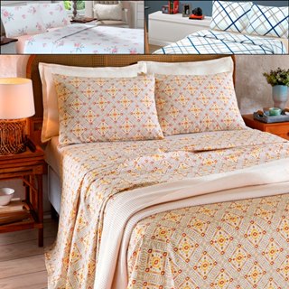Jogo de Cama 100% Algodão Queen 4 peças Lençol com Elástico Percal 130 Fios - Dohler em Oferta na Shopee