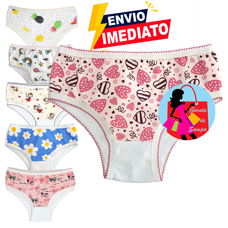 Calcinha Infantil  em Malha 100% Algodão, com Forro, Estampas Variadas -pacote com 10 pçs-1 a 9 anos
