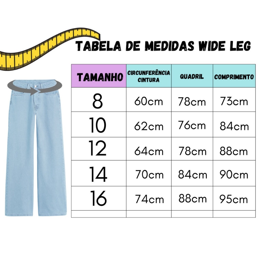 Calça jeans wide leg  com desenho estilo pantalona infantil juvenil 10 aos 16