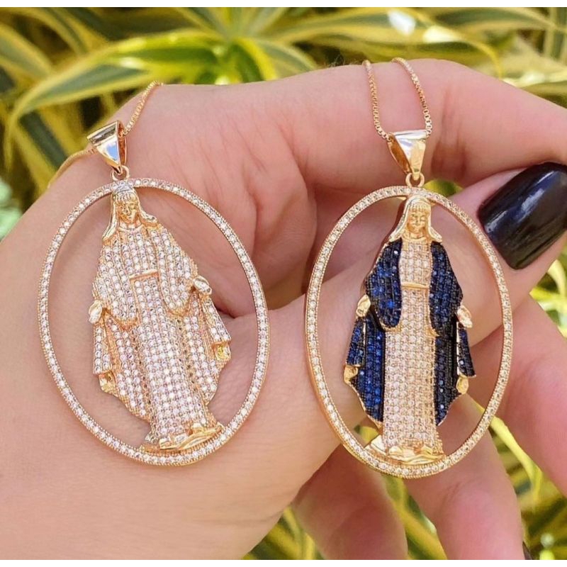 Colar Feminino Banhado a Ouro Nossa Senhora das Graças Cravejado Microzircônias