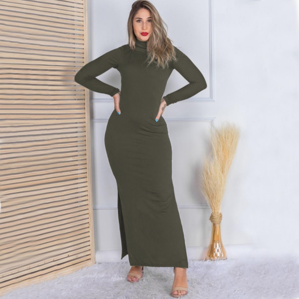 Detalhes do Vestido Longo Gola Manga Comprida Malha Canelada Inverno Sexy Justo Fenda Lateral Preto Canelado Plus Size Grávida