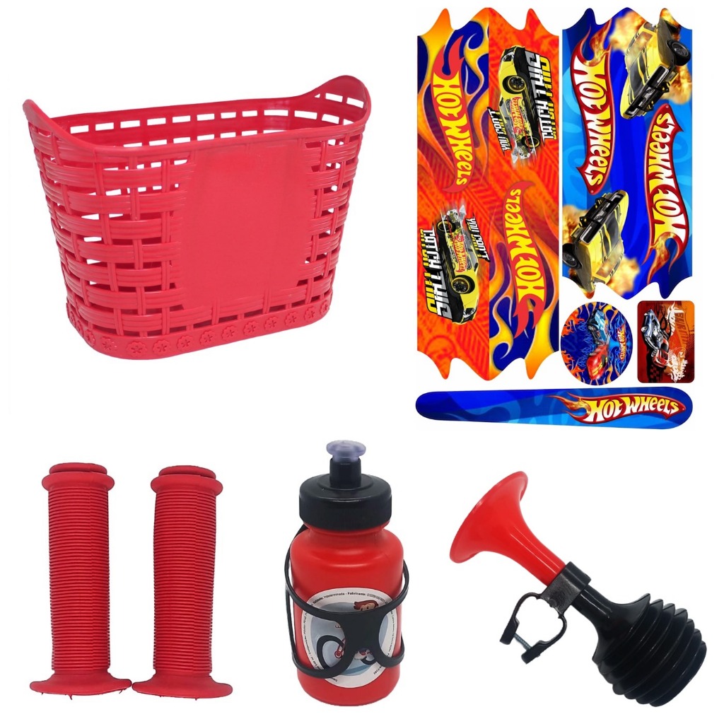 Kit Bike Infantil Adesivo Cesta Buzina Manopla Garrafinha Hot Wheels Aro 16/14 Carros Azul Vermelho