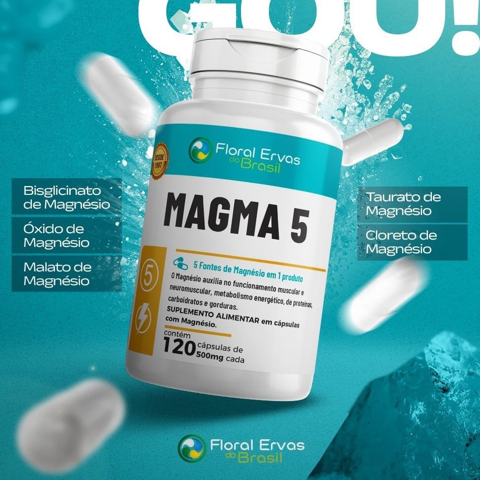 5 Magnésio 120 cápsulas 500mg Magma 5 - Floral Ervas Quelato Bisglicinato Dimalato Taurato Cloreto