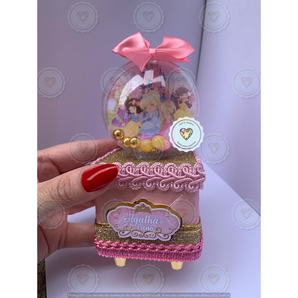 Caixinha Acrílica 6x6 Luxo com Esfera Personalizada PRINCESAS DA DISNEY | Lembrancinha Festa Infantil