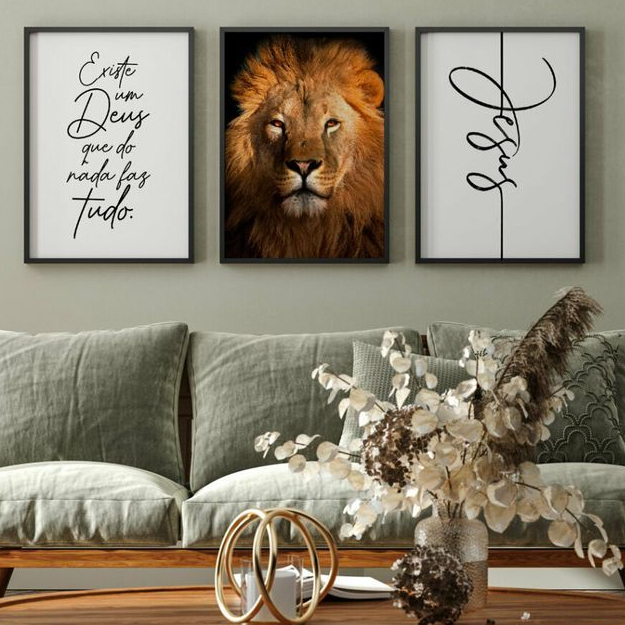 Kit 3 Quadros Decorativos Leão Fe Judá Jesus Decoração Mosaico Sala Quarto Escritório