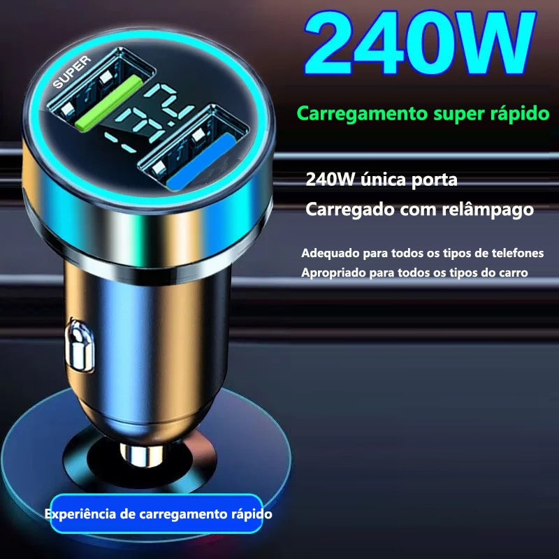 Carregador De Carro Turbo  240W Super Rápido Carregador De Contagem Dual USB Carregador De Celular Para Carro em Oferta na Shopee