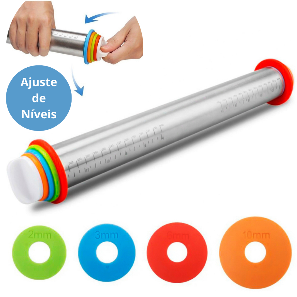 Rolo de Massas Profissional 43cm Aço Inoxidável Antiaderente Ajustável Pra Pizza Pão Macar...