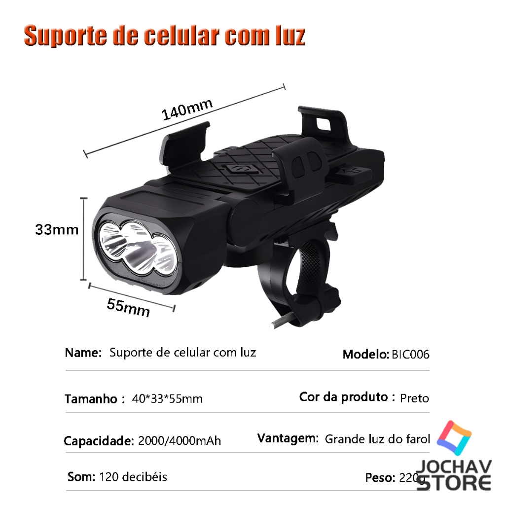 Multifuncional Suporte Celular Power Bank Alto Falante LED Bike 4 Em 1 Recarregavel Bicicleta À Prova D'Água Potente — imagem 2 de 2