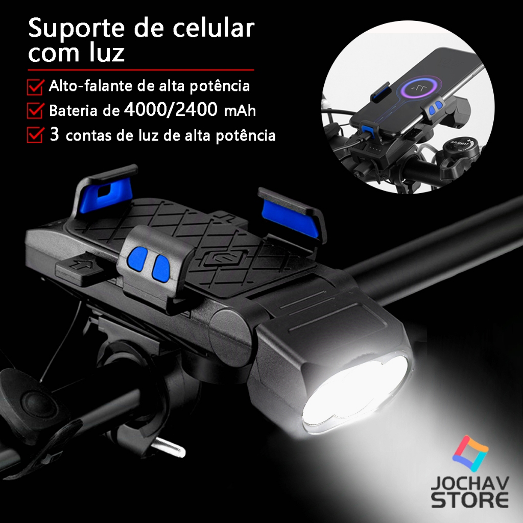 Multifuncional Suporte Celular Power Bank Alto Falante LED Bike 4 Em 1 Recarregavel Bicicleta À Prova D'Água Potente