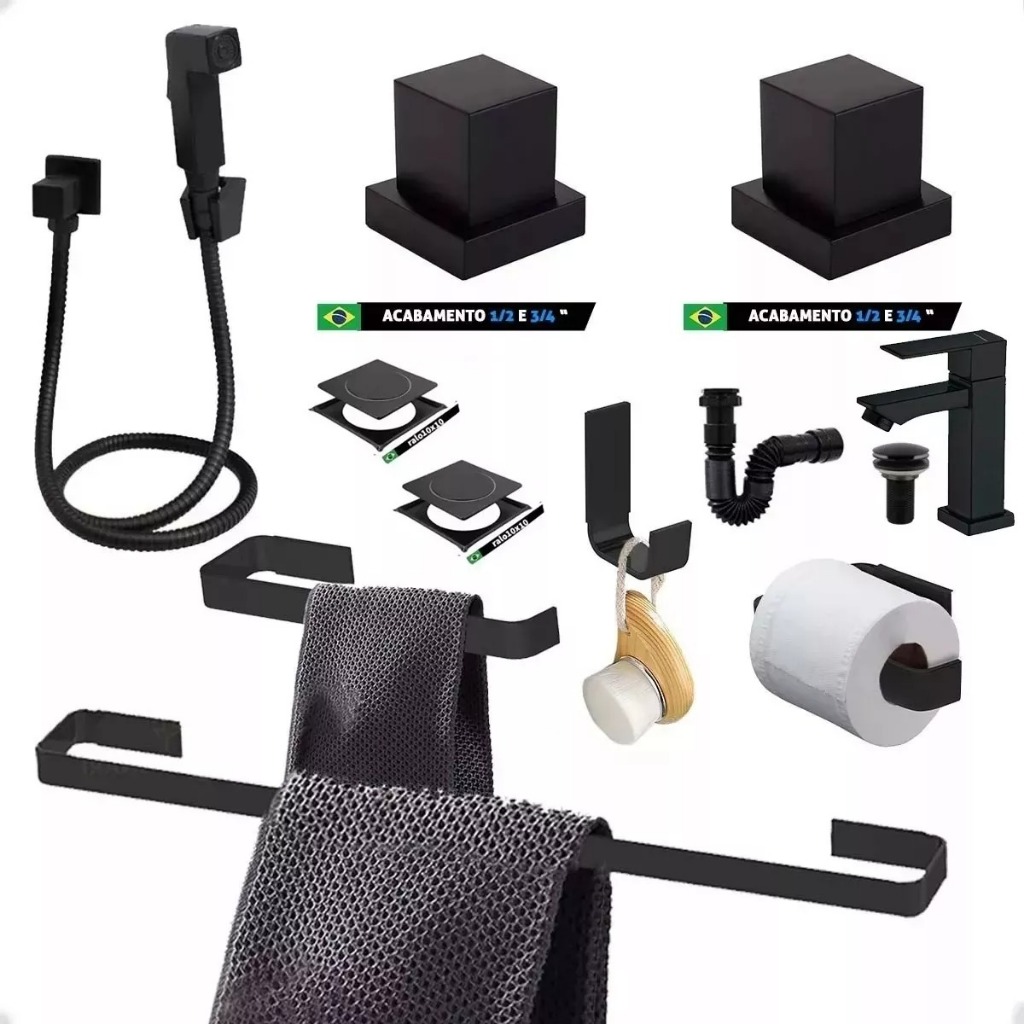 Kit De Acessórios Para Banheiro Preto Com Torneira Ralo click inteligente e Sifão