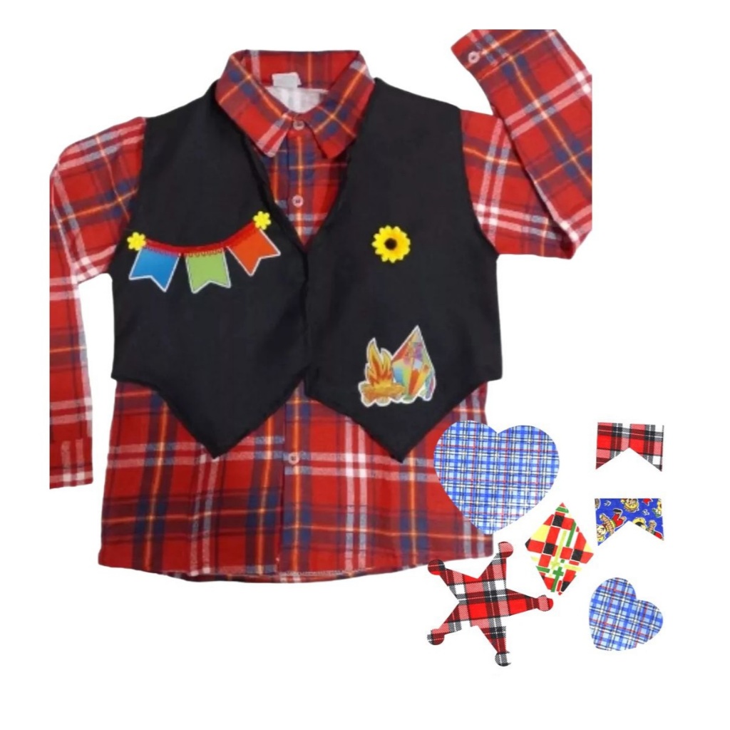 Roupa Caipira Festa Junina Blusa Xadrez Camisa Manga Longa Infantil Menino C/ Colete Temático Junino E Remendão Auto Colante - 5 unidades
