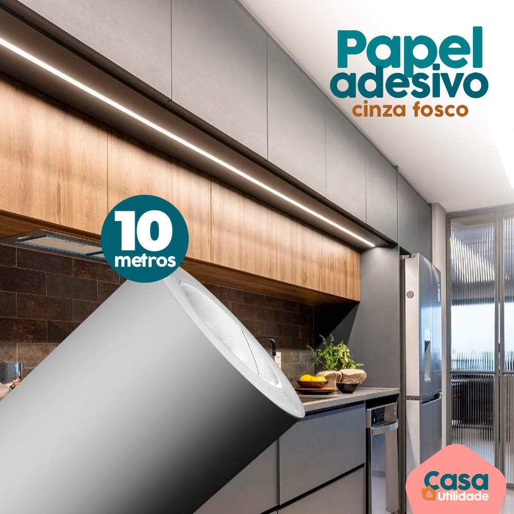 Papel Adesivo Auto Colante 45cm x 10m Cinza Liso Envelopamento