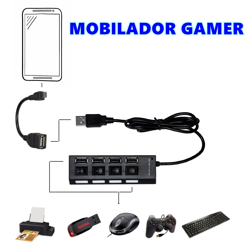 Kit Mobilador Gamer Para Celular Hub Usb 4 Portas + Otg Micro Usb V8 Adaptador Teclado Mouse Smartphone Mobile