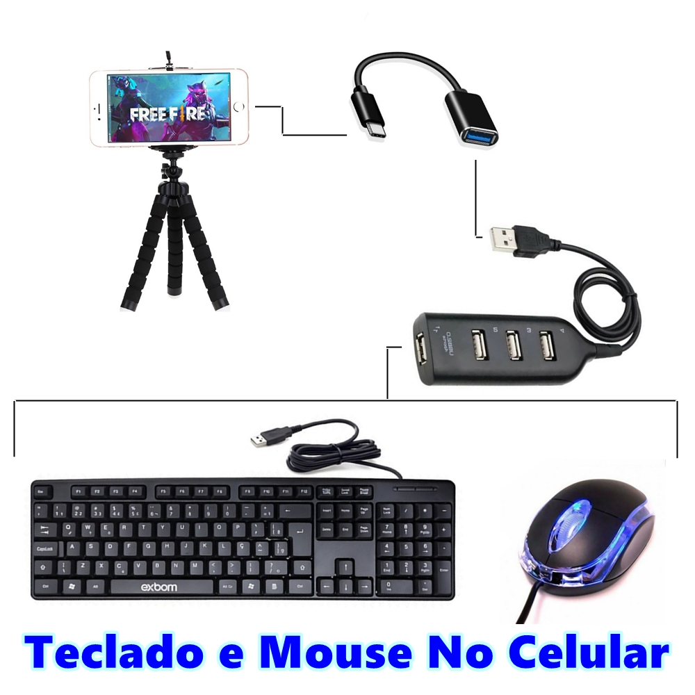 Kit Teclado Mouse Para Celular Mobilador Completo Hub 4 Portas Usb + Otg Tipo C + Tripé Smartphone Gamer Mobile Free Fire