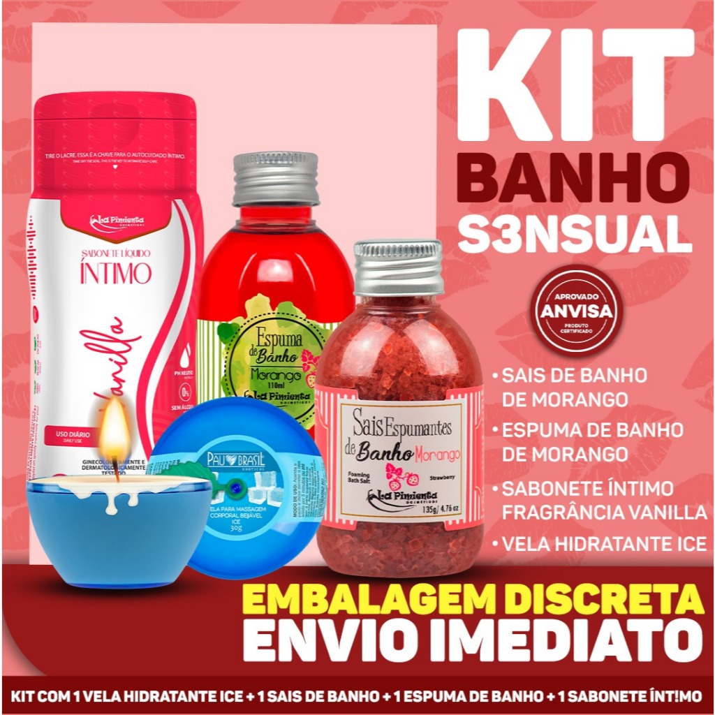 SAIS E ESPUMAS DE BANHO SENSUAL E AFRODISÍACO MORANGO, SABONETE AFRODÍSIACO VANILLA E VELA PB ICE
