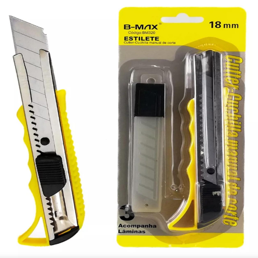 Kit Estilete Profissional 18mm Com 4 Lâminas e Trava De Segurança Antiderrapante Alta Precisão