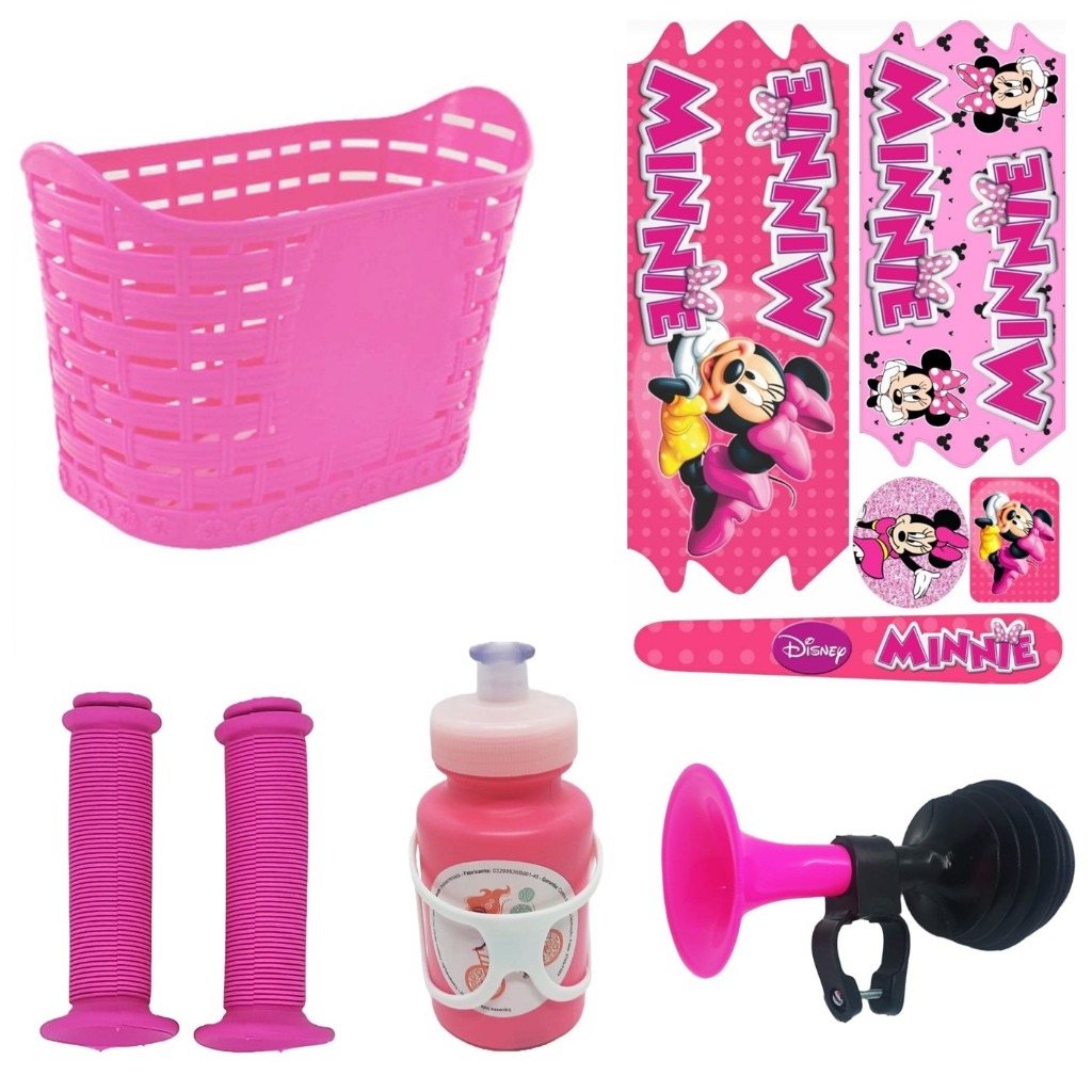 Kit Bike Feminino Adesivo Cesta Buzina Manopla Minnie Mouse Aro 14/16/20 Garrafa Squeeze Rosa
