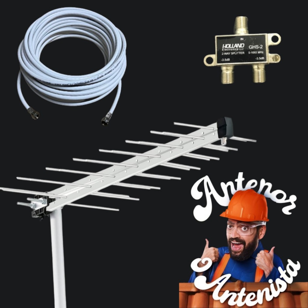 KIT ANTENA 8/16 FULL HD + SUPORTE PARA ANTENA + DIVISOR DE SINAL + CABO COAXIAL DE 10, 15, 20 OU 30 METROS