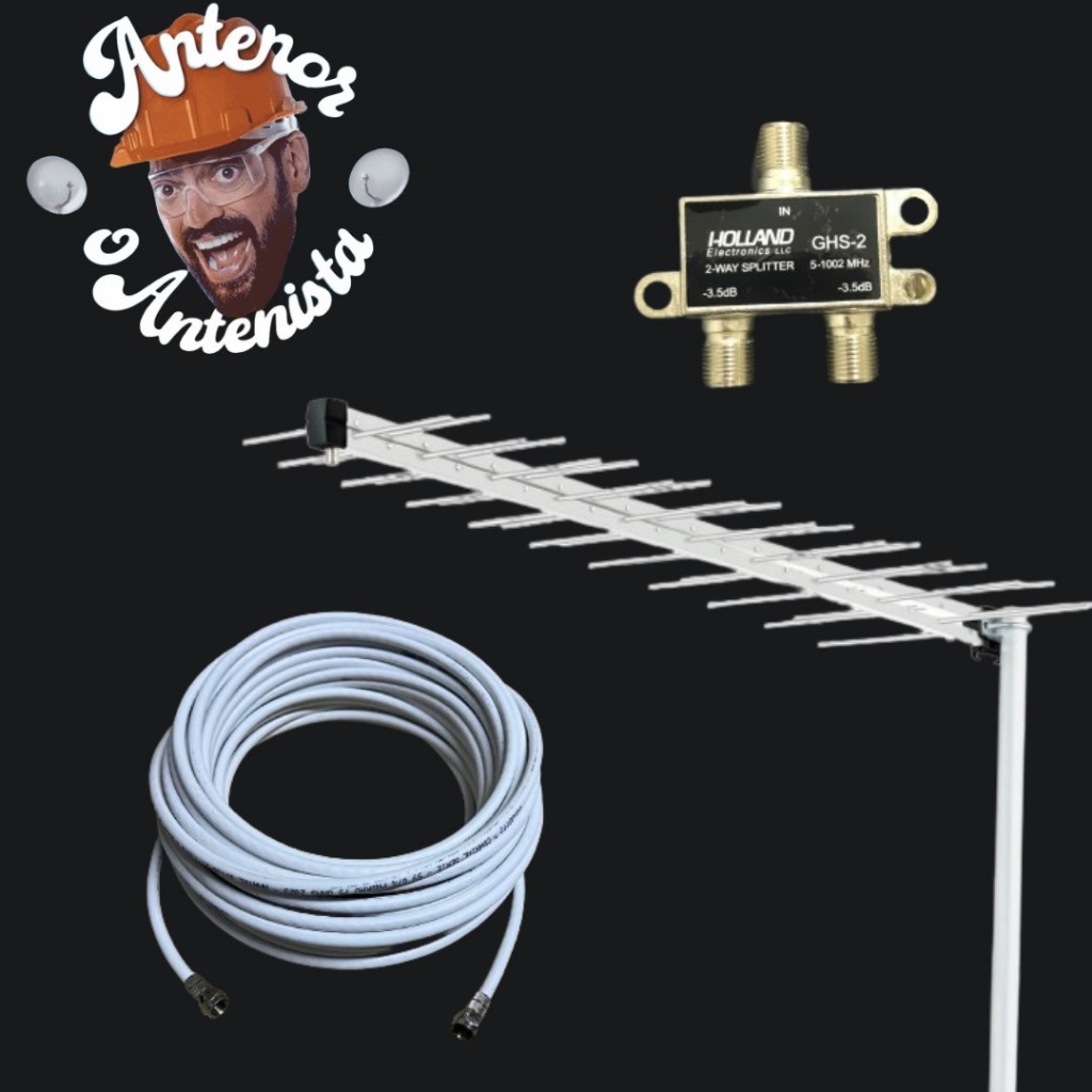 KIT ANTENA 14/28 ALTA DEFINIÇÃO FULL HD + SUPORTE PARA ANTENA + DIVISOR DE SINAL + CABO COAXIAL DE 10, 15, 20 OU 30 METROS
