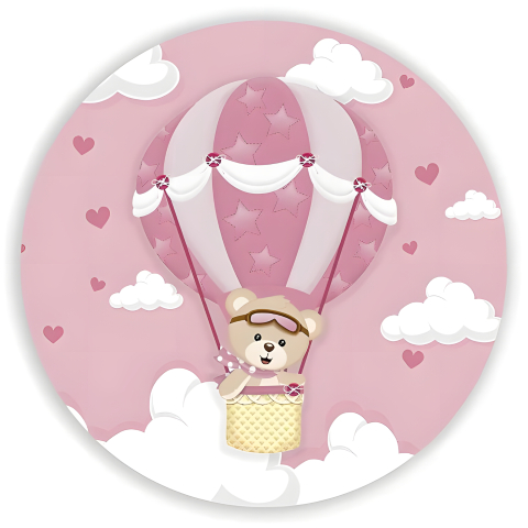 Painel Festa Infantil Redondo Ursinha Baloeira Rosa com Corações + Arco, Suporte incluso. Fazemos personalizado com qualquer tema. Confeccionado em Lona fosca, impressão de alta resolução. cenário Circular p/ Decoração